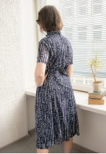 Vintage 80'S Navy Patterned Midi Short Sleeved Dress