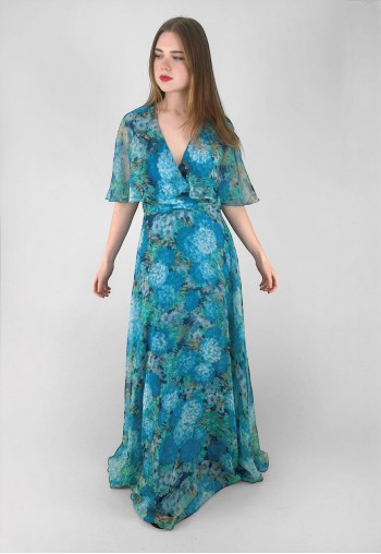 70's Vintage Blue Floral Caped Fluted Sleeve Maxi Dress