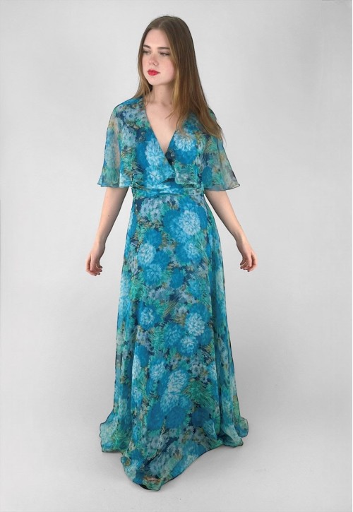 70's Vintage Blue Floral Caped Fluted Sleeve Maxi Dress