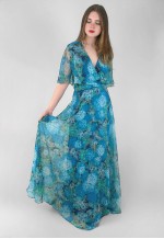 70's Vintage Blue Floral Caped Fluted Sleeve Maxi Dress