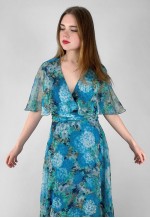 70's Vintage Blue Floral Caped Fluted Sleeve Maxi Dress