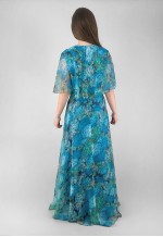 70's Vintage Blue Floral Caped Fluted Sleeve Maxi Dress
