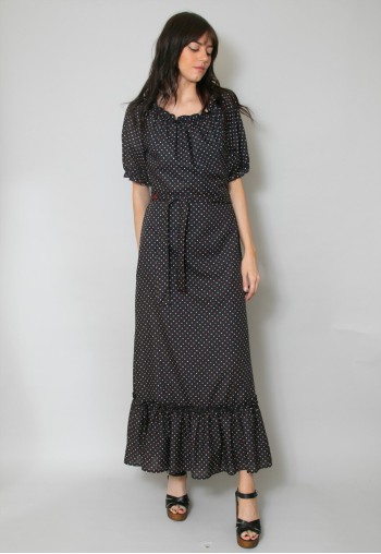 70's Black Vintage Short Sleeve Ladies Prairie Maxi Dress