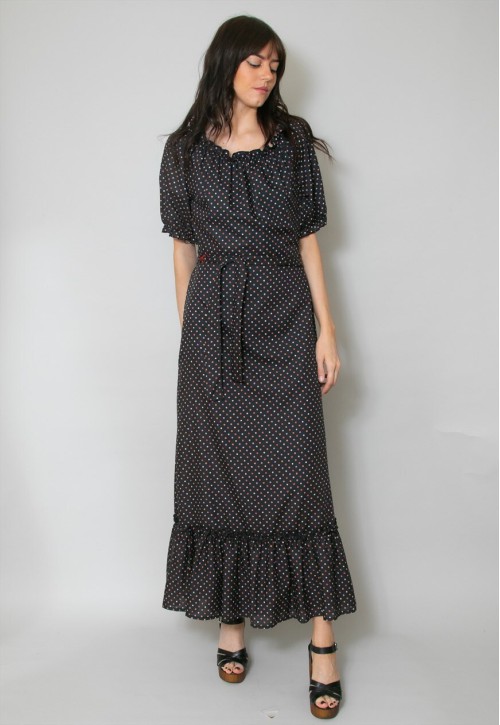70's Black Vintage Short Sleeve Ladies Prairie Maxi Dress