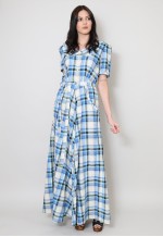 70's Vintage Blue White Check Cotton Short Sleeve Maxi Dress