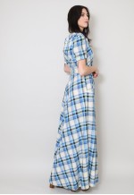 70's Vintage Blue White Check Cotton Short Sleeve Maxi Dress