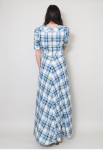 70's Vintage Blue White Check Cotton Short Sleeve Maxi Dress