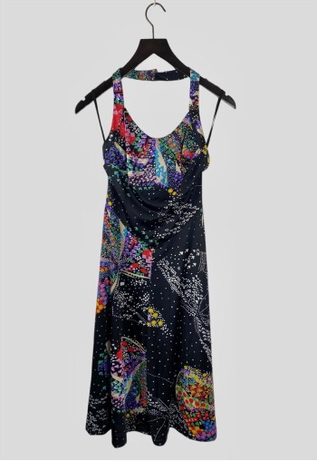 Vintage 70's Black Retro Print Halter Neck Dress