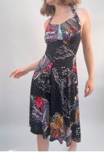 Vintage 70's Black Retro Print Halter Neck Dress