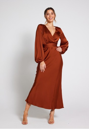 Pippa Long Sleeve Satin Maxi Dress - Rust