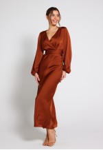 Pippa Long Sleeve Satin Maxi Dress - Rust