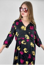 Vintage 50's Black Pink Yellow Floral Midi Dress