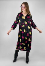 Vintage 50's Black Pink Yellow Floral Midi Dress