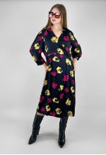 Vintage 50's Black Pink Yellow Floral Midi Dress