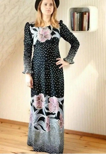 Black long maxi floral dot long sleeve vintage dress