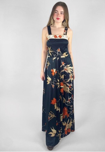 Vintage Duplo 70's Slip Black Floral Slip Maxi Dress