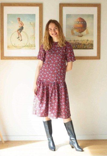 Dark red burgundy floral midi dress with peter pan collar