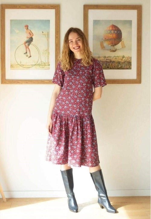 Dark red burgundy floral midi dress with peter pan collar
