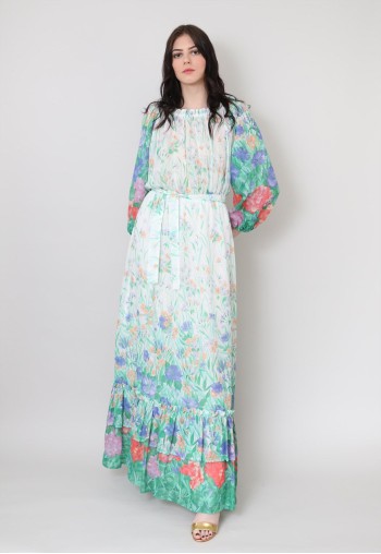 70's Vintage White Green Prairie Floral Maxi Dress
