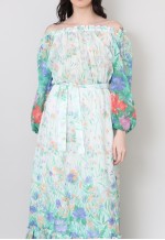 70's Vintage White Green Prairie Floral Maxi Dress