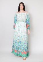 70's Vintage White Green Prairie Floral Maxi Dress