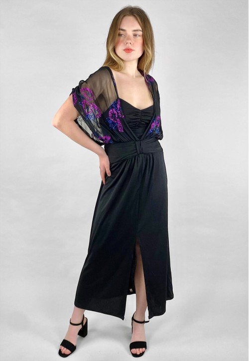 John Marks 70's Black Purple Vintage Evening Maxi Dress