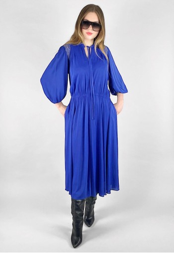 70's Blue Slinky Vintage 3/4 Bell Sleeve Midi Dress