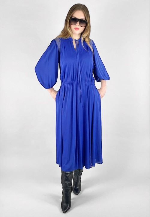 70's Blue Slinky Vintage 3/4 Bell Sleeve Midi Dress