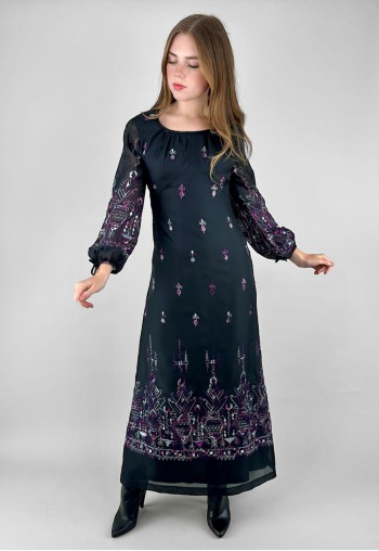 70's Vintage Annelie Couture Black Bell Sleeve Maxi Dress