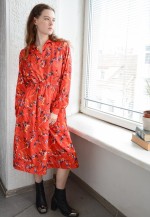 Vintage 60's Thin Red Abstract Print Long Sleeved Midi Dress
