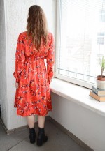 Vintage 60's Thin Red Abstract Print Long Sleeved Midi Dress