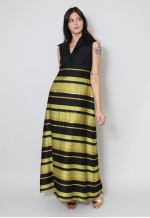 70's Ladies Black Dress Sleeveless Yellow Gold Lurex Maxi
