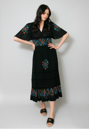 70's Vintage Black Floral Short Sleeve Prairie Midi Dress
