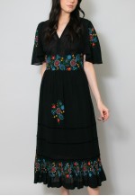 70's Vintage Black Floral Short Sleeve Prairie Midi Dress