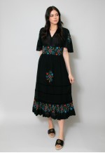 70's Vintage Black Floral Short Sleeve Prairie Midi Dress