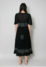 70's Vintage Black Floral Short Sleeve Prairie Midi Dress
