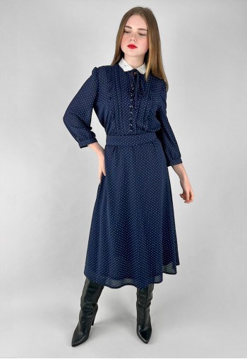 70's Vintage Blue White Polka Dot Ruffle Ladies Midi Dress