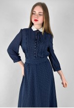 70's Vintage Blue White Polka Dot Ruffle Ladies Midi Dress